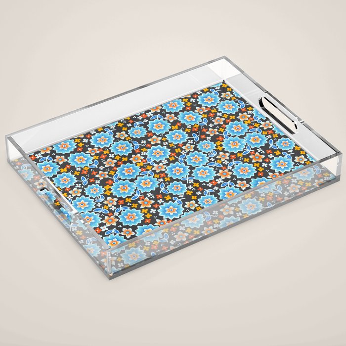 Blue Floral Retro Acrylic Tray Gallery Image 1