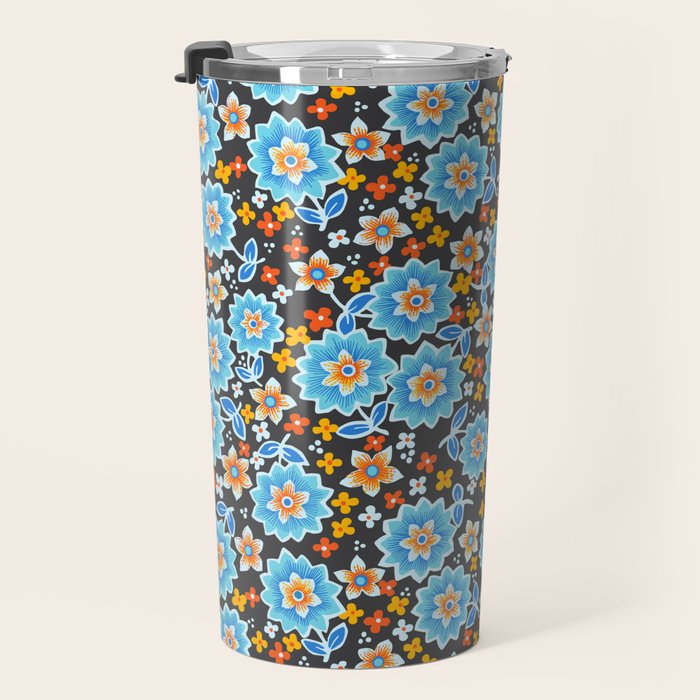 Blue Floral Retro Travel Mug Gallery Image 3