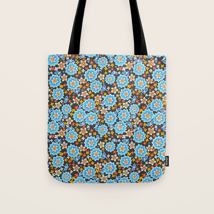 Blue Floral Retro Tote Bag Gallery Image 1