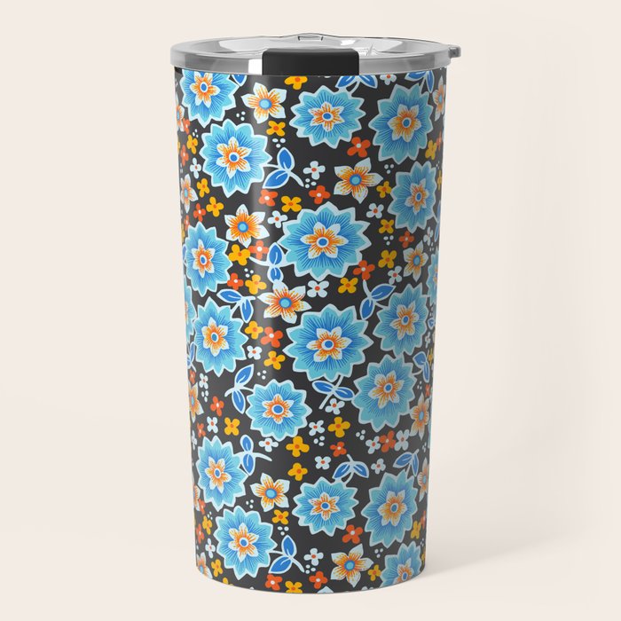 Blue Floral Retro Travel Mug Gallery Image 1