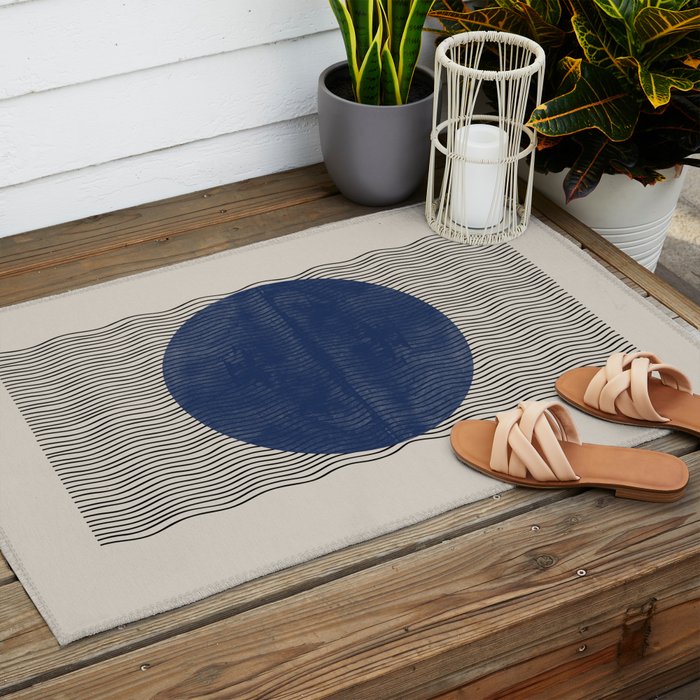 Woodblock Paper Art Blue Outdoor Rug Gallery Image 2