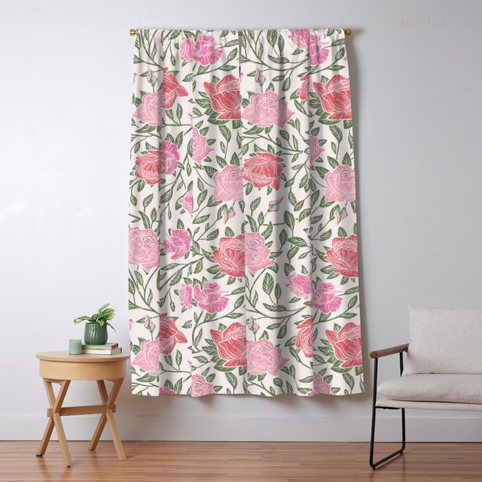 Modern Vintage Chic Blush Pink Forest Green Floral Window Curtain Gallery Image 5