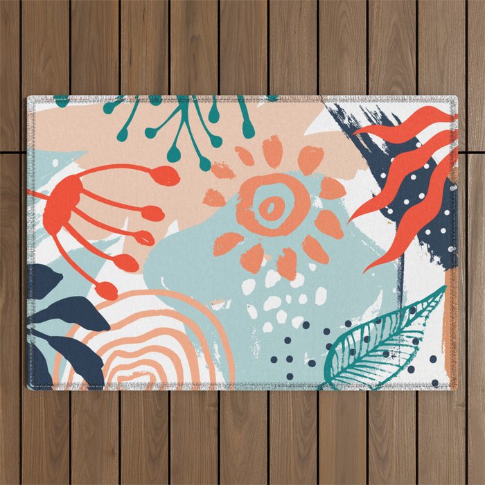 Summer Abstract, Floral Prints, Orange, Teal, Blue, Colourful Prints. Outdoor Rug Gallery Image 1