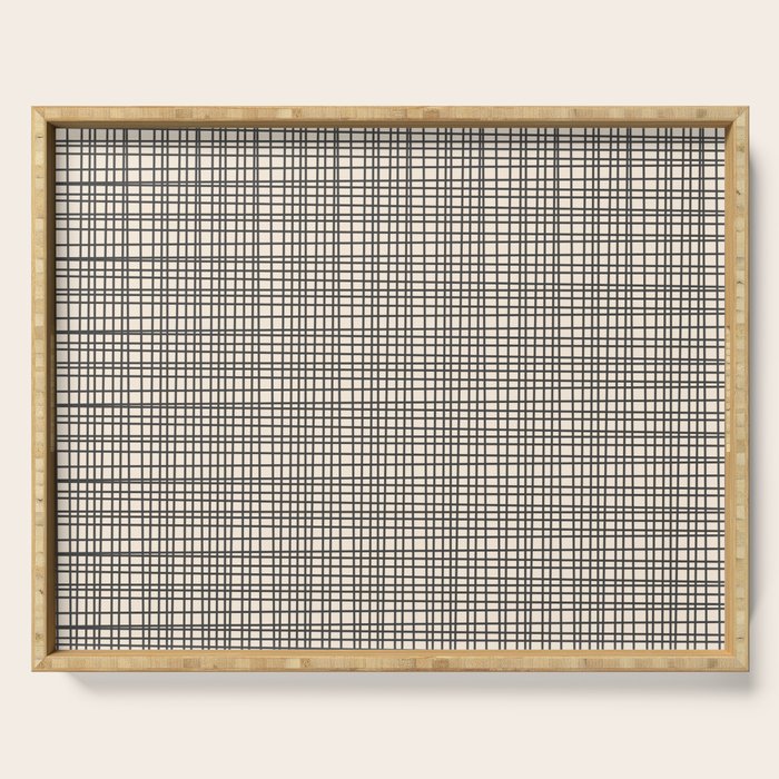 Fine Weave Mid-Century Modern Woven Pattern in Charcoal Gray and Almond Cream Serving Tray Gallery Image 1