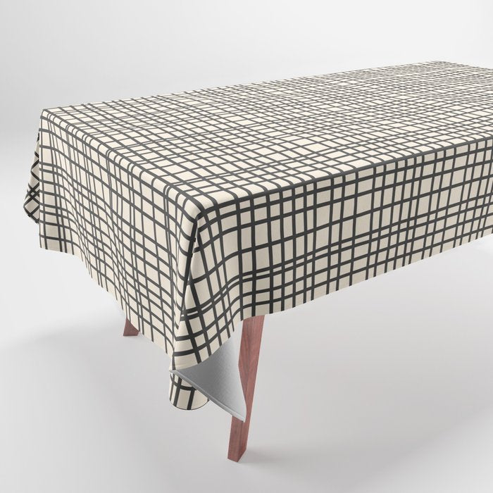 Fine Weave Mid-Century Modern Woven Pattern in Charcoal Gray and Almond Cream Tablecloth Gallery Image 1