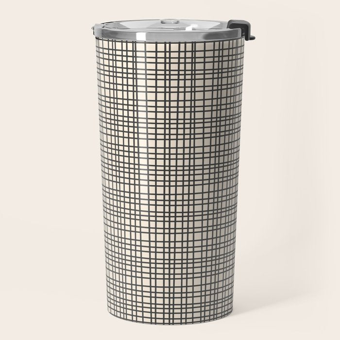 Fine Weave Mid-Century Modern Woven Pattern in Charcoal Gray and Almond Cream Travel Mug Gallery Image 2
