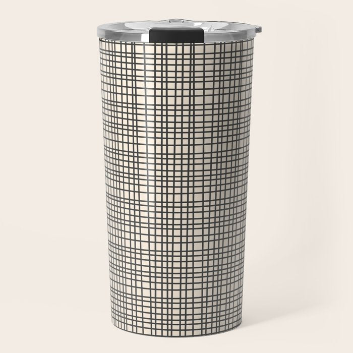 Fine Weave Mid-Century Modern Woven Pattern in Charcoal Gray and Almond Cream Travel Mug Gallery Image 1