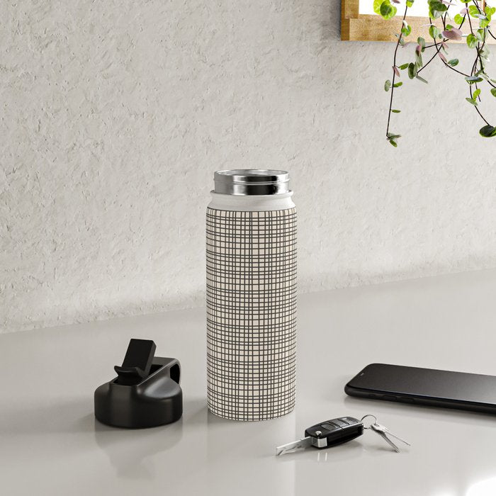 Fine Weave Mid-Century Modern Woven Pattern in Charcoal Gray and Almond Cream Water Bottle Gallery Image 4