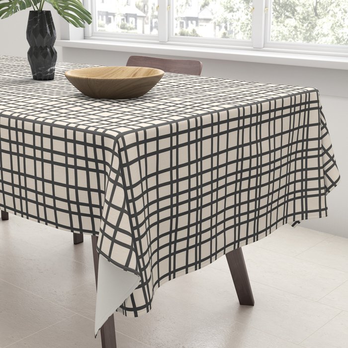 Fine Weave Mid-Century Modern Woven Pattern in Charcoal Gray and Almond Cream Tablecloth Gallery Image 3