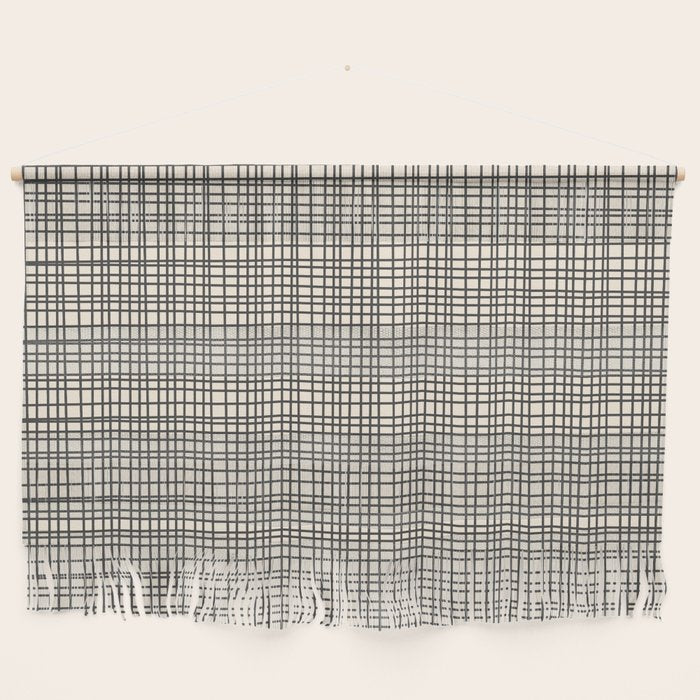 Fine Weave Mid-Century Modern Woven Pattern in Charcoal Gray and Almond Cream Wall Hanging Gallery Image 1