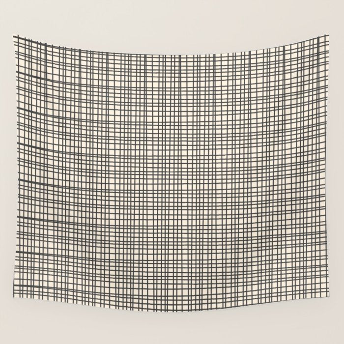 Fine Weave Mid-Century Modern Woven Pattern in Charcoal Gray and Almond Cream Wall Tapestry Gallery Image 1