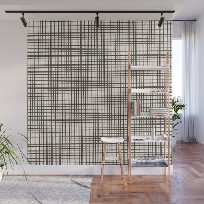 Fine Weave Mid-Century Modern Woven Pattern in Charcoal Gray and Almond Cream Wall Mural Gallery Image 1