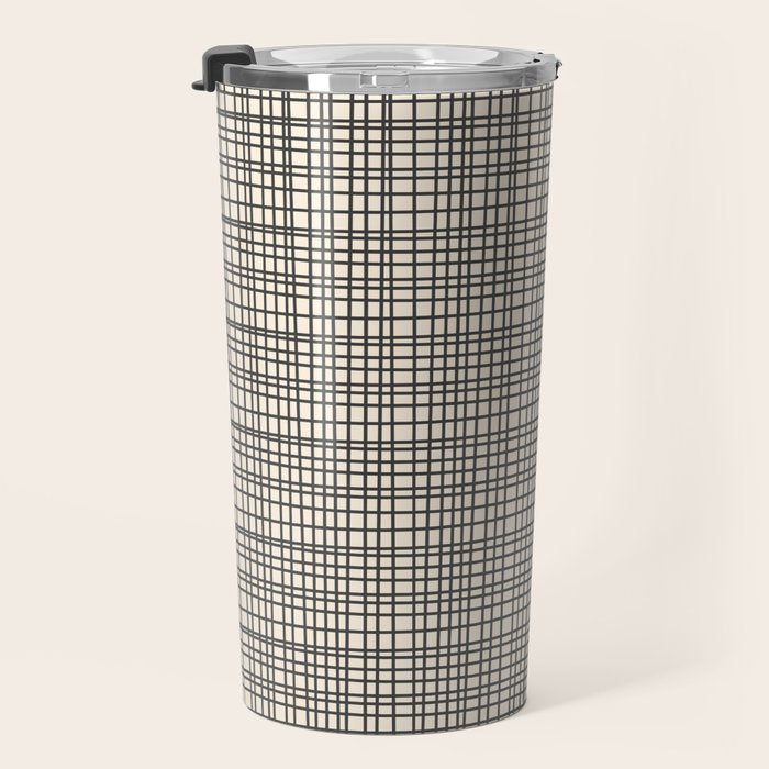 Fine Weave Mid-Century Modern Woven Pattern in Charcoal Gray and Almond Cream Travel Mug Gallery Image 3
