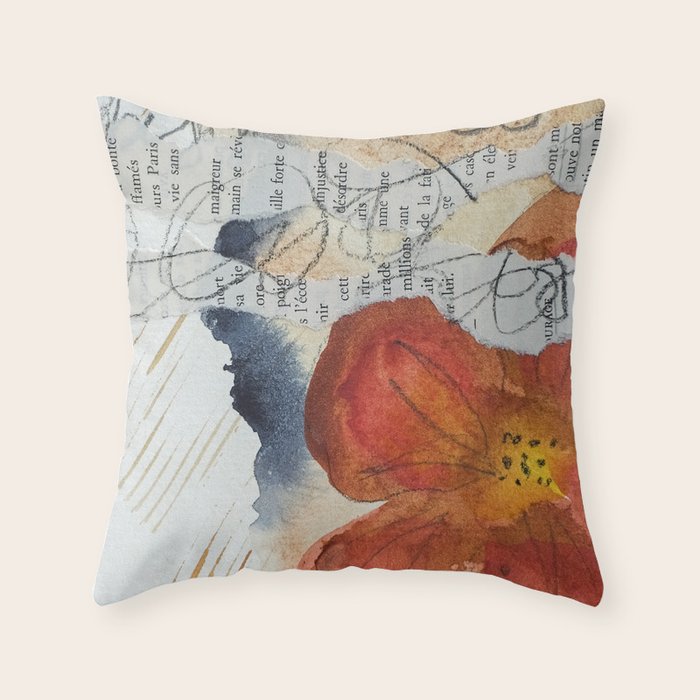 bloom - mixed media collage abstract botanical Throw Pillow Gallery Image 1