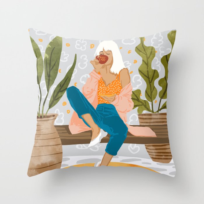 Boss Lady Illustration, Empower Woman Female Feminism, Plant Lady Tea Coffee Painting Throw Pillow Gallery Image 6