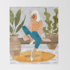 Boss Lady Illustration, Empower Woman Female Feminism, Plant Lady Tea Coffee Painting Throw Blanket Gallery Image 2