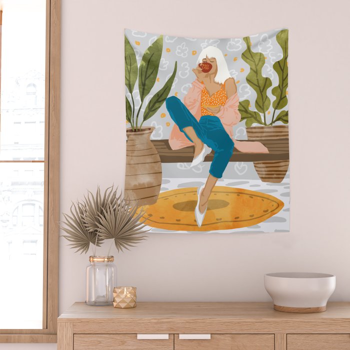 Boss Lady Illustration, Empower Woman Female Feminism, Plant Lady Tea Coffee Painting Wall Tapestry Gallery Image 2