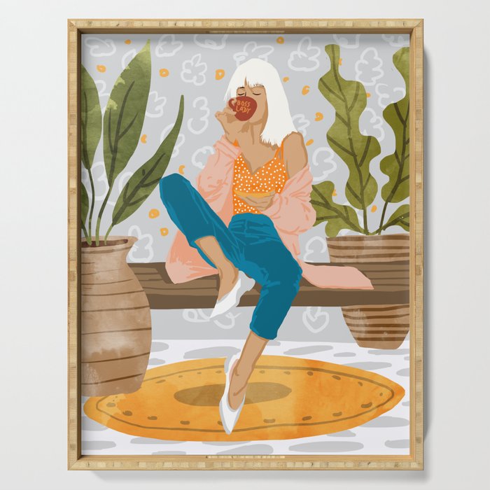 Boss Lady Illustration, Empower Woman Female Feminism, Plant Lady Tea Coffee Painting Serving Tray Gallery Image 1