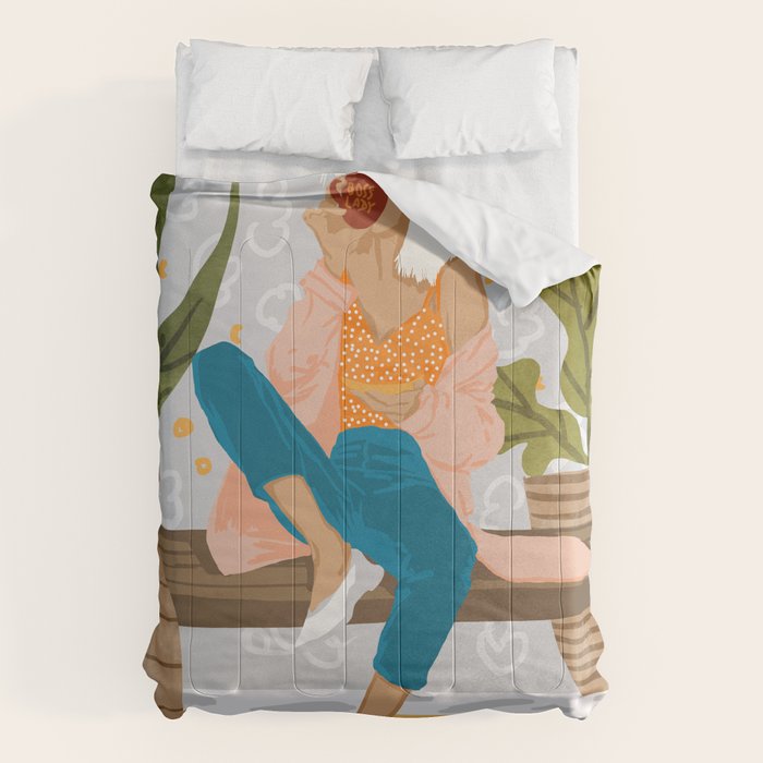 Boss Lady Illustration, Empower Woman Female Feminism, Plant Lady Tea Coffee Painting Comforter Gallery Image 1