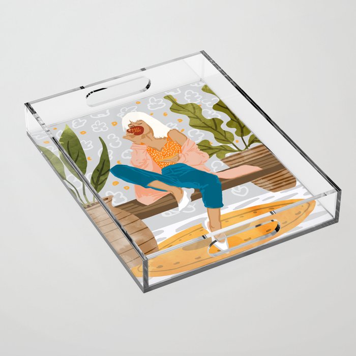 Boss Lady Illustration, Empower Woman Female Feminism, Plant Lady Tea Coffee Painting Acrylic Tray Gallery Image 1