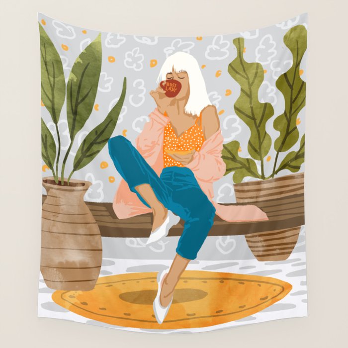 Boss Lady Illustration, Empower Woman Female Feminism, Plant Lady Tea Coffee Painting Wall Tapestry Gallery Image 4