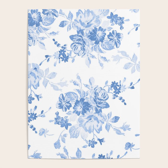 Modern navy blue white watercolor elegant floral Poster Gallery Image 1
