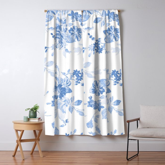 Modern navy blue white watercolor elegant floral Window Curtain Gallery Image 5