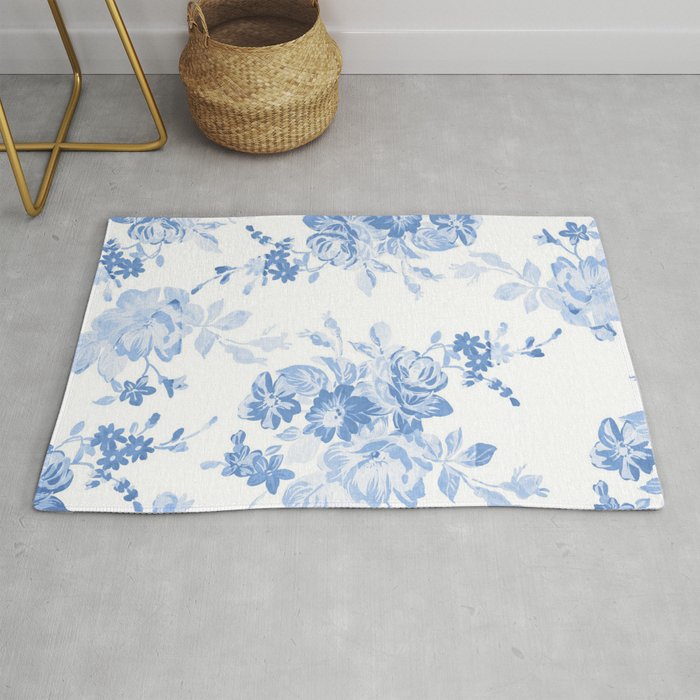 Modern navy blue white watercolor elegant floral Rug Gallery Image 1
