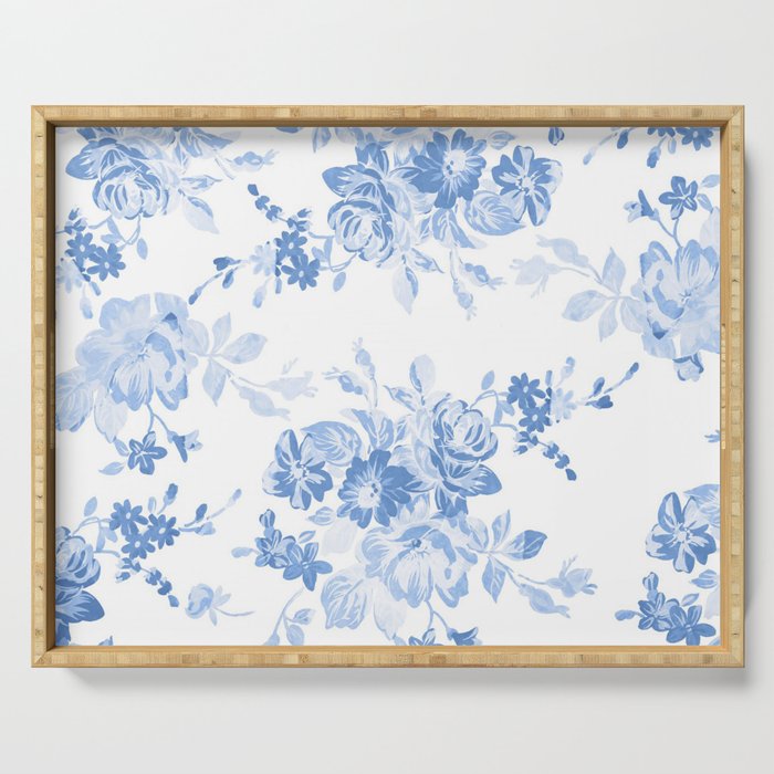 Modern navy blue white watercolor elegant floral Serving Tray Gallery Image 1
