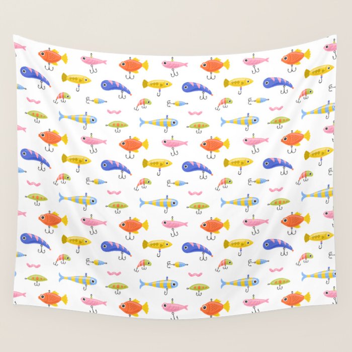 Funny colorful fish lure cartoon art pattern Wall Tapestry Gallery Image 4