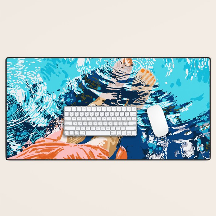 Take Me Where The Waves Kiss My Feet, Eclectic Nature River Woman Colorful Water Coral Bohemian Desk Mat Gallery Image 1