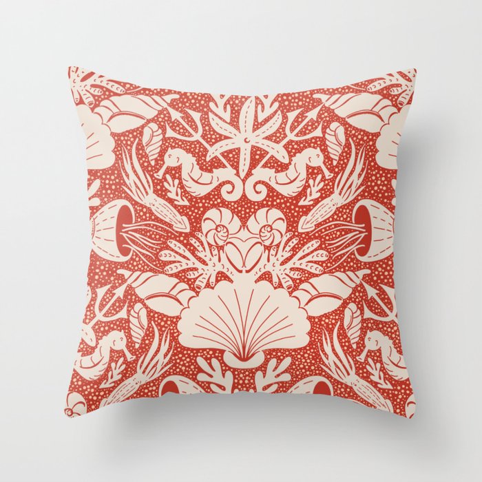 Neptune's joy warm red damask reworked Throw Pillow Gallery Image 6