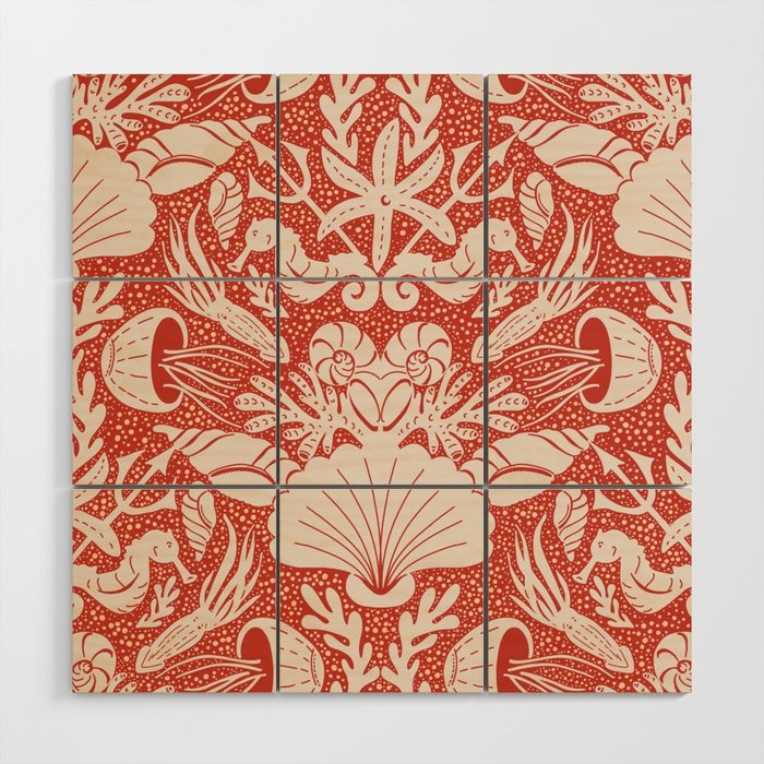 Neptune's joy warm red damask reworked Wood Wall Art Gallery Image 1
