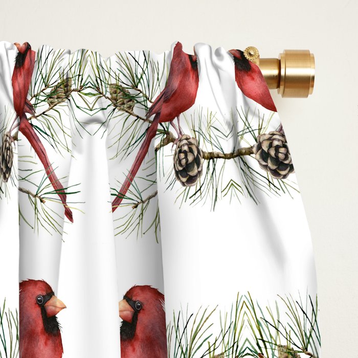 Christmas Red Cardinal Bird and Pine Watercolor Window Curtain Gallery Image 2