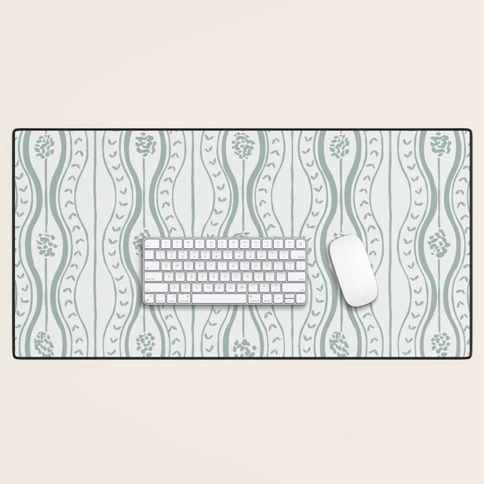 Wavy lines and tiny blooms - dusty mint pastel green pattern Desk Mat Gallery Image 1