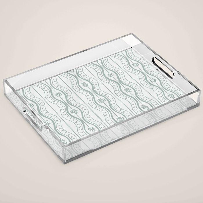 Wavy lines and tiny blooms - dusty mint pastel green pattern Acrylic Tray Gallery Image 1