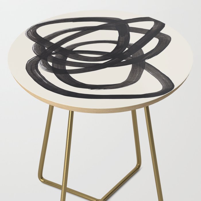 Mid Century Modern Minimalist Abstract Art Brush Strokes Black & White Ink Art Spiral Circles Side Table Gallery Image 2