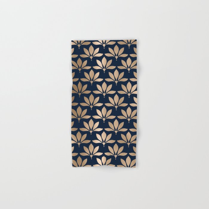 Gold and Navy Art Deco Leaf Design Bath Towel Gallery Image 1