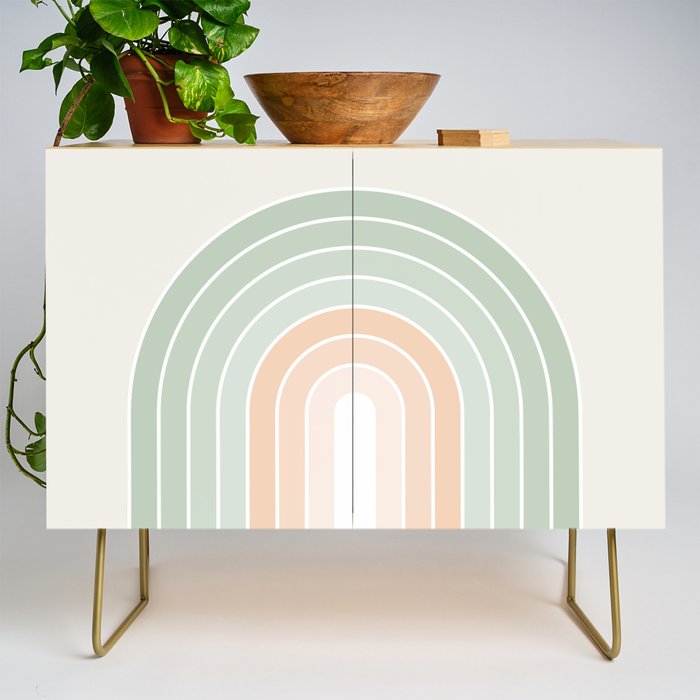 Minimal Abstract Retro Spring Rainbow - Pastel sage green and Peach fuzz Credenza Gallery Image 1