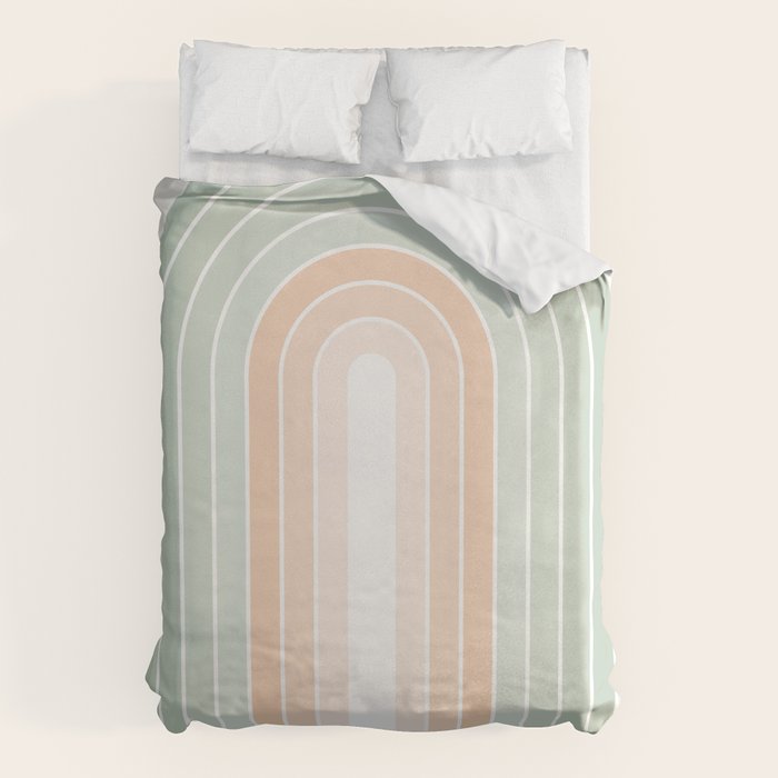 Minimal Abstract Retro Spring Rainbow - Pastel sage green and Peach fuzz Duvet Cover Gallery Image 1