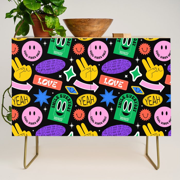 Retro cartoon sticker label pattern Credenza Gallery Image 1