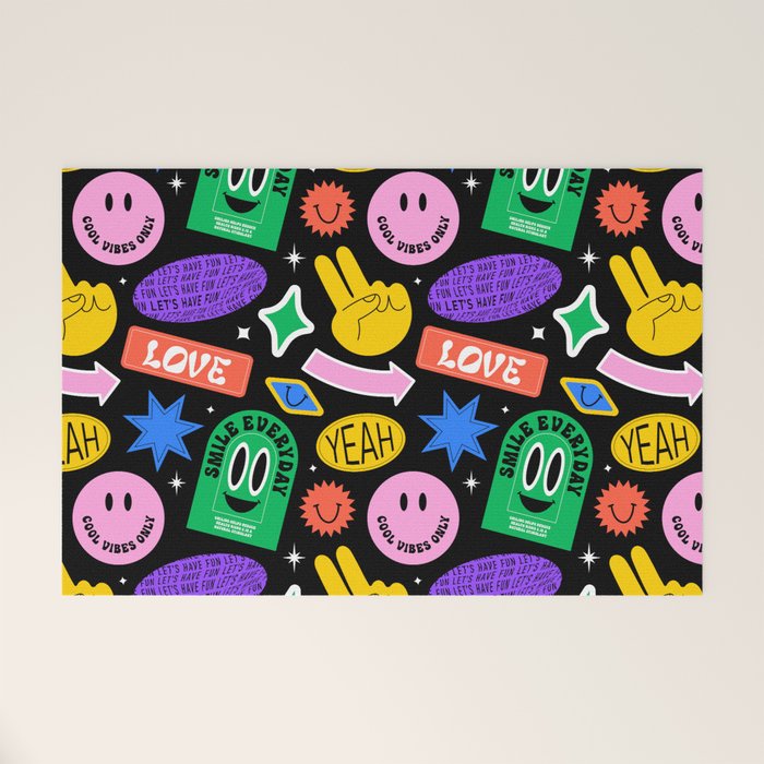 Retro cartoon sticker label pattern Welcome Mat Gallery Image 1