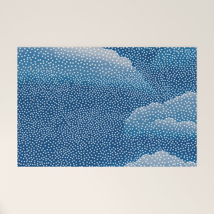 Navy Blue Japanese Painting Abstract Polkadot Art Wabi Sabi Cloud Print Minimalist Japandi Poster Welcome Mat Gallery Image 1