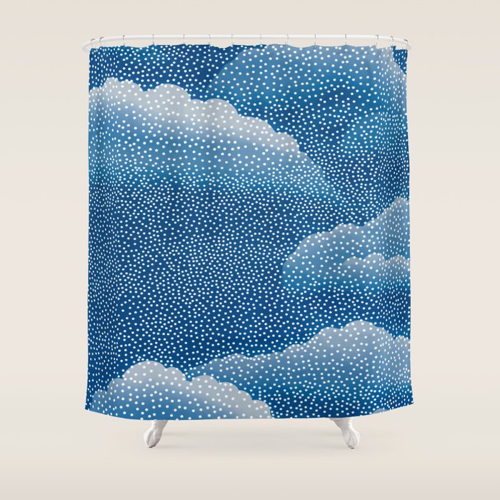 Navy Blue Japanese Painting Abstract Polkadot Art Wabi Sabi Cloud Print Minimalist Japandi Poster Shower Curtain Gallery Image 1
