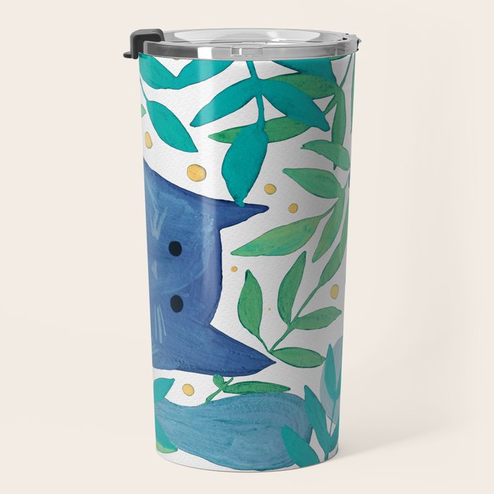 Cats and branches - blue and green Travel Mug Gallery Image 3