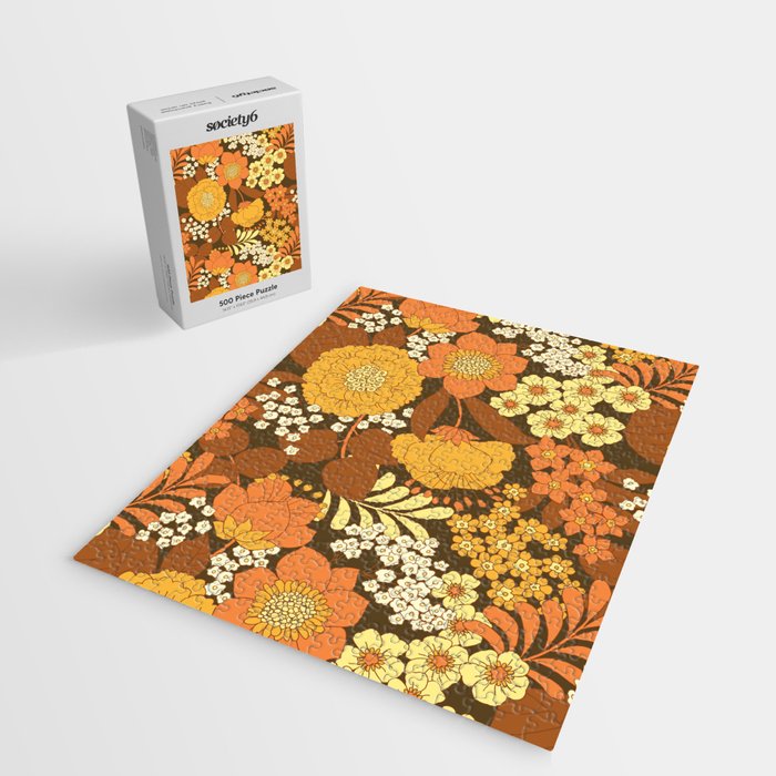 Brown, Yellow, Orange qnd Ivory Retro Flowers Jigsaw Puzzle Gallery Image 2