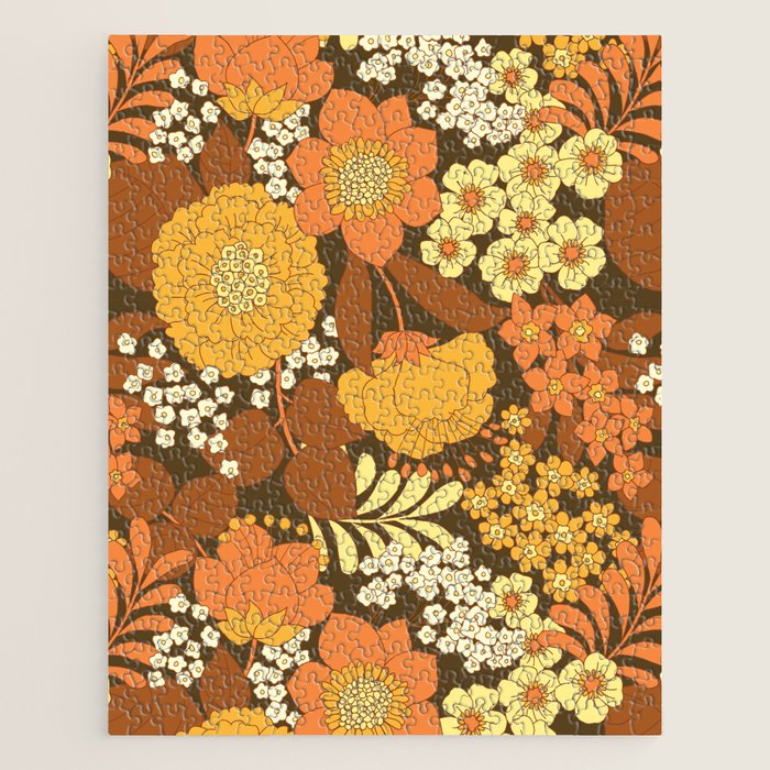 Brown, Yellow, Orange qnd Ivory Retro Flowers Jigsaw Puzzle Gallery Image 1