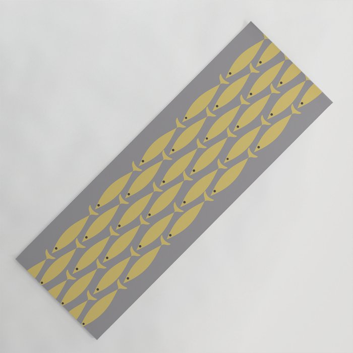 Mid Century Modern Minimalist Fish Stripe Pattern in Retro Gray and Mustard Yellow Yoga Mat Gallery Image 1