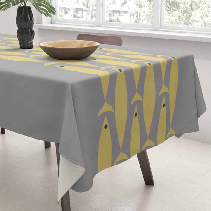 Mid Century Modern Minimalist Fish Stripe Pattern in Retro Gray and Mustard Yellow Tablecloth Gallery Image 3