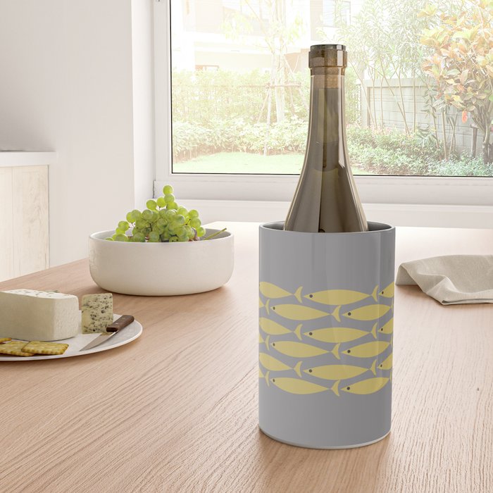 Mid Century Modern Minimalist Fish Stripe Pattern in Retro Gray and Mustard Yellow Wine Chiller Gallery Image 4